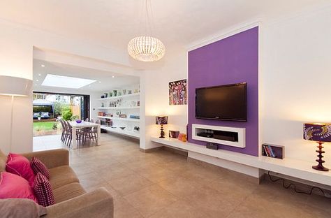 teen purple wall room | ... up Some Ultra-Violet Rays: How To Decorate With Purple In Dynamic Ways Tv Wall Ideas, Contemporary Family Room, Walls Ideas, Accent Wall Colors, Room Accent Wall, Floating Shelves Kitchen, Modern Living Room Wall, Modern Tv Wall, Room London