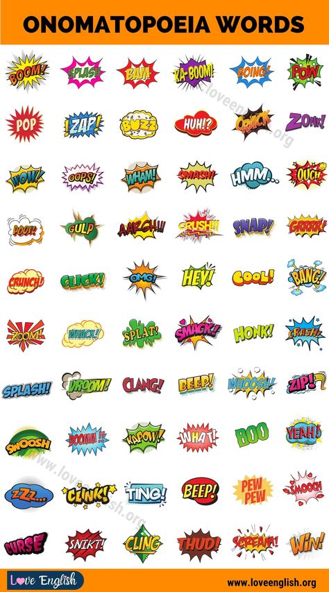 Onomatopoeia: Wonderful List of 120+ Words that Describe Sounds - Love English Pop Word Art, Pop Art Onomatopoeia, Pop Art Writing, Pop Art Activities, Onomatopoeia Comic, Pop Art Letters, Onomatopoeia Art, Pop Art Comic, Figurative Language