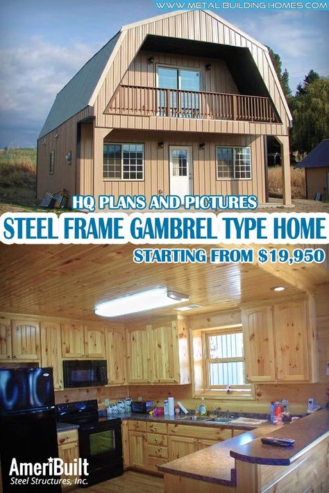 Steel Frame Gambrel Type Homes Starting from $19,950. Are looking for a big house but low on budget? We have a good news for you! We have an amazing steel frame gambrel-style metal building homes for those on a tight budget! With this type of house, you can benefit from its low maintenance design.#metalhousing #metalhouse #Metalbuildinghomes #housingsolution #SteelFramehomes Low Budget Homes, Gambrel House Plans, Metal Shed House, Gambrel Barn House, Building A House On A Budget, Cheap Houses To Build, Gambrel Barn, Barn House Kits, A Big House