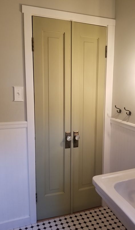 Petite Double Door Bathroom, Accordion Bathroom Door, Farmhouse Bathroom Door Ideas, Double Doors To Bathroom, Small Bathroom Door Ideas Toilet Room, Petite Double Door, Half Bath Door Ideas, French Doors Bathroom Small, French Doors For Bathroom