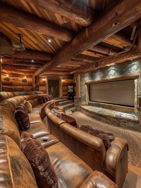 Aesthetic Basement, Big Beautiful Houses, Lodge Plans, Mansion Living Room, Theater Rooms, Log Home Designs, Man Cave Room, Home Cinema Room, Sunken Living Room