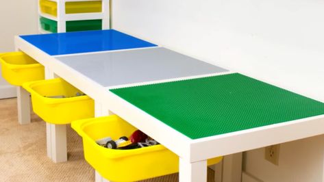 Duplo Storage, Kids Table With Storage, Lego Play Table, Lack Side Table, Kid Organization, Lego Table With Storage, Ikea Lack Side Table, Ikea Shelving Unit, Lego Table Diy