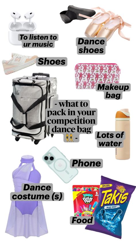 What to pack in your competition bag 🤍 #dancer #dance #whattopack #cute #food #dancing #fordancers What’s In My Bag Dance, Color Guard Bag, Dance Competition Necessities, What To Put In Dance Bag, What To Put In Your Dance Bag, Dance Comp Essentials, Dance Competition Must Haves, Ballet Bag Essentials, Whats In My Dance Bag