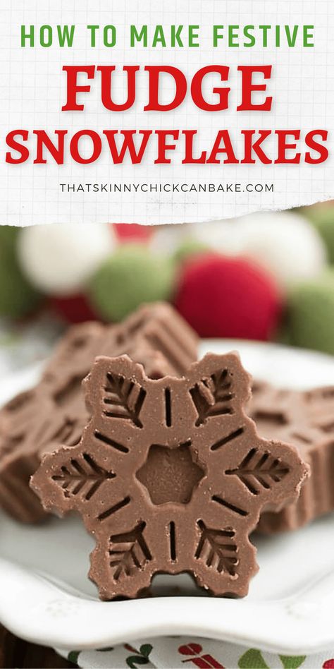 Festive Fudge Snowflakes - A fun food gift for the holidays, this creamy fudge recipe is poured into snowflake molds for a twist on a classic holiday confection. Lots of tips to help make perfect fudge for Christmas! Christmas Molds Ideas, Christmas Candy Mold Recipes, Christmas Candy Molds Ideas, Christmas Chocolate Molds, Fudge In Silicone Molds, Using Silicone Molds For Baking, Christmas Silicone Molds Recipes, Snowflake Desserts, Candy Molds Recipes