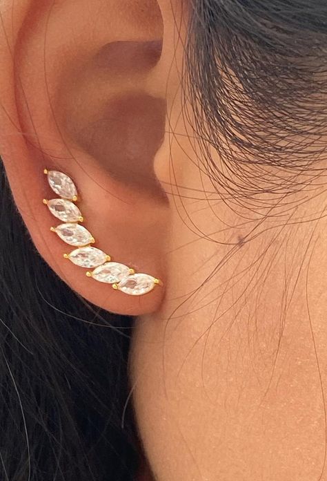 Marquise Row Ear Climbers / Ear Crawler Earring / Bridesmaid | Etsy Ear Climber Earrings, Earring Bridal, Pave Wedding Bands, Silver Crystal Earrings, Ear Crawler, Minimalist Earring, Ear Crawler Earrings, Ear Crawlers, Ear Climbers Earrings