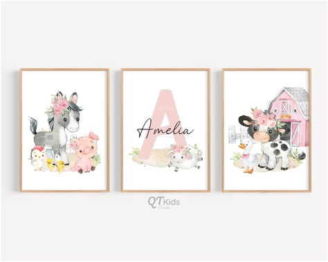 Personalized Farm Animal Nursery Prints, Pink Barn Cow Sheep Horse Pig Flowers Posters, Girl Name Barn Yard Playroom decor, DIGITAL DOWNLOAD Pink Farm Nursery, Farm Animal Nursery Decor, Animal Nursery Prints, Farm Animal Nursery, Prints Pink, Farm Nursery, Girl Name, Nursery Animal Prints, Playroom Decor