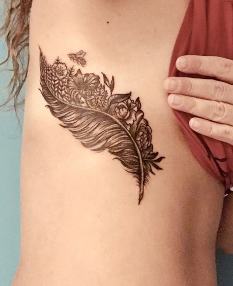 Feather and flowers Tattoo Feather And Flowers Tattoo, Feather Flower Tattoo, Feather And Flower Tattoo, Arm Cover Up Tattoos, Flower Tattoo Stencils, Crow Feather, Dad Tattoo, Sea Tattoo, Scar Tattoo