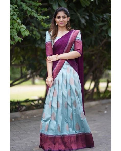 Three Twinning Multi Different Colours Stunning Festival South Indian Designer Half Saree For Special Occasion Quick Buy at Our Store - WWW.SHIVTRAA.IN @shivtraa.in #halfsaree #saree #lehenga #sareelove #sarees #halfsarees #pattusaree #halfsareelove #sareesofinstagram #fashion #partywear #traditional #blouse #sareeblouse #ethnicwear #lehengacholi #sareelovers #sareedraping #sareenavel #pattu #lehanga #hotsaree #pattupavadai #pattulehenga #bride #dupatta #pattusarees #sareefashion #puresil... Half Sari Blouse Designs, Silk Langa Davani Designs, Thavani Styles, Antic Things, Half Saree Models, Wedding Lehenga Blouse, Half Saree Indian, Athmika Sumithran, Functional Dress