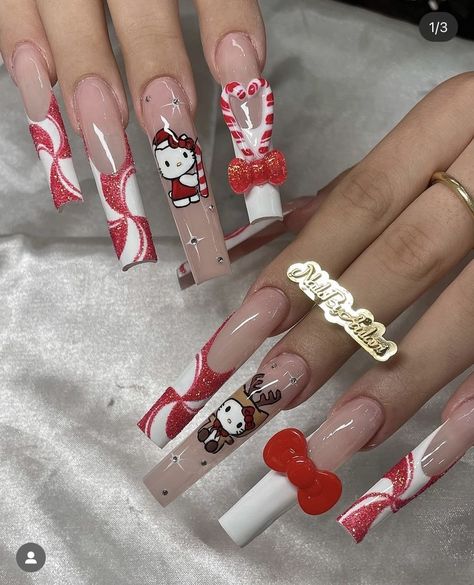 Hello Kitty Christmas Nails Acrylic, Hello Kitty Xmas Nails, Candy Cane Nails Acrylic, Holiday Acrylics, Hello Kitty Halloween Nails, Christmas Baddie Nails, Hello Kitty Christmas Nails, Nails Navidad, Candy Cane Nails