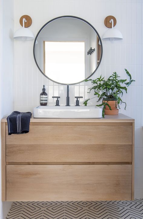 Modern take on a white subway tile with floating white oak vanity drawers, black faucet and cement floor tile with underfloor heating. White Floating Vanity, Oak Vanity Bathroom, Floating Vanity Bathroom, White Oak Vanity, Small Half Bathrooms, Oak Bathroom Cabinets, Bathroom Vanity Drawers, Oak Vanity, Oak Bathroom Vanity