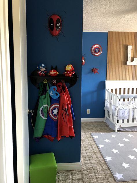 Super Hero, Avengers, Batman nursery Super Hero Rooms For Boys, Marvel Nursery Ideas, Superhero Toddler Room, Avengers Themed Bedroom, Super Hero Nursery, Avengers Nursery, Super Hero Room, Batman Nursery, Boys Superhero Bedroom