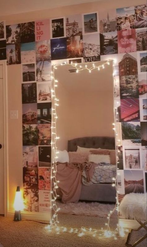 fairy/christmas lights + full length mirror + wall collage Mirror Wall Collage, Fairy Christmas, Motel Room, Full Length Mirror Wall, Length Mirror, All The Feels, Christmas Fairy, Full Length Mirror, Wall Collage