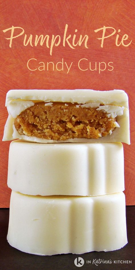 Pumpkin Pie Candy Cups Recipe- White chocolate shells filled with pumpkin pie candy filling. A must-make this Thanksgiving! Grab the printable recipe at In Katrina's Kitchen . These candies are perfect for holiday gift-giving as well. Pumpkin Candy Recipes, Baking Molds Recipes, Thanksgiving Candy Recipes, Candy Mold Recipes, Filled Chocolate Candy Recipes, Candy Molds Recipes, Candy Filling, Diy Chocolate Candy, Silicone Molds Recipes