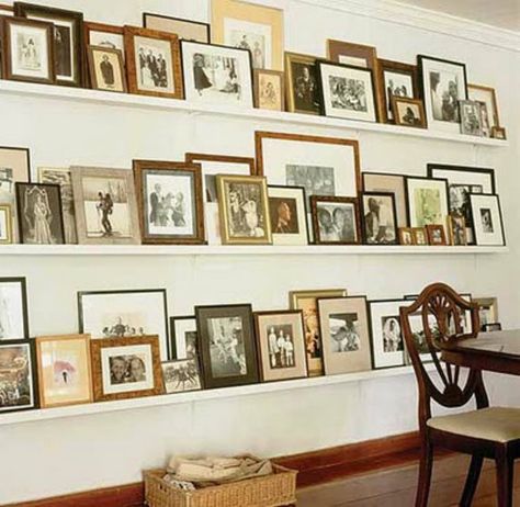 Ledge Gallery Wall Photo Wall Gallery, Picture Ledge, Framed Pictures, The Chair, Wall Gallery, Home Fashion, Photo Displays, Family Pictures, 인테리어 디자인