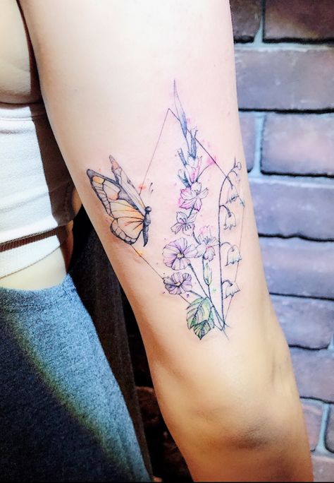 Gladioli Tattoo, Purple Flower Tattoos, Watercolor Butterfly Tattoo, Gladiolus Tattoo, Purple Butterfly Tattoo, Mother Tattoos For Children, Lavender Tattoo, Insect Tattoo, Spine Tattoos For Women