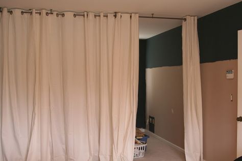 Curtain room divider DIY. These people used a Ceiling Mount Curtain Rod from Walmart and inexpensive curtains from IKEA. Curtain Room Divider Diy, Curtains From Ceiling, Room Divider Ideas Diy Cheap, Room Divider Ideas Diy, Room Divider Diy, Ikea Room Divider, Cheap Room Dividers, Small Room Divider, Temporary Room Dividers