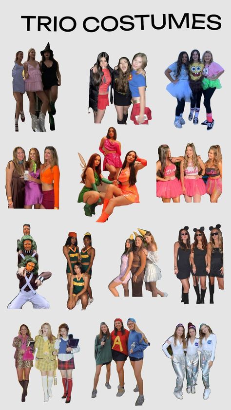 Hollowen Costumes Trio, Halloween Costume Trio Friends, Aesthetic Trio Halloween Costumes, Trio Group Costumes, Famous Trios Characters, Holloween Costume Ideas For Friends Of 3, Halloween Costume Ideas For 3 Friends, Trio Hollowed Costumes, Good Trio Halloween Costumes