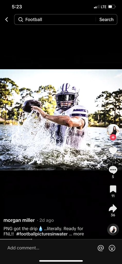 Senior Football Pictures In Water, Football Water Photography, Senior Pics In Water, Guys Senior Pictures Poses Football, Boy Senior Pictures Football, Senior Photoshoot Ideas For Guys Football, Boys Senior Picture Ideas Football Pics, Water Pics, Football Poses