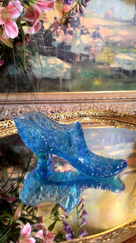 Vintage Fenton Blue Daisy & Button Glass Shoe | Fenton Blue Art Glass Slipper/Shoe Glass Shoe, Glass Shoes, Glass Sculptures, Greensboro Nc, Blue Daisy, Glass Slipper, Glass Art Sculpture, Slipper Shoes, Blue Art