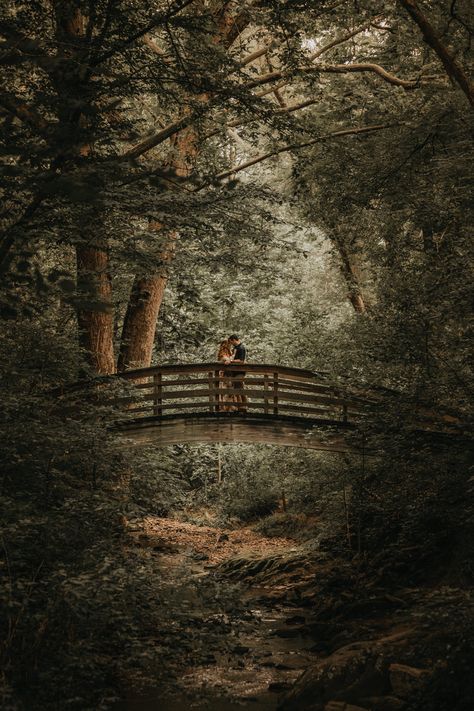 A beautiful Engagement Photo on an arched bridge in the Botanical Gardens of Asheville. Fairy Tale Photoshoot Ideas, Fairy Core Engagement Photos, Ethereal Engagement Photoshoot, Couple Photoshoot Botanical Garden, Fairycore Engagement Photos, Woodland Engagement Shoot, Victorian Engagement Photos, Twilight Inspired Engagement Photos, Magical Engagement Photos