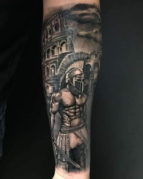 Sparta Tattoo, Warrior Tattoo Sleeve, Roman Tattoo, Gladiator Tattoo, Mangas Tattoo, Black And Grey Tattoo, Spartan Tattoo, Lion Tattoo Sleeves, Men Tattoos Arm Sleeve