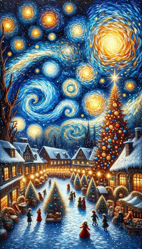 Van Gogh Christmas, Starry Night Christmas, Starry Night Wallpaper, Starry Night Art, Dark Red Wallpaper, New Year Illustration, Creepy Christmas, Easy Love Drawings, Night Christmas