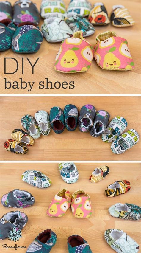 DIY Baby Shoes That Are Too Cute to Pass Up - Both soft and flexible, handmade baby shoes are ready to keep little feet protected! Using just two fat quarters of fabric, baby shoes make a great stash busting project, or you can mix-and-match designs with Fill-a-Yard™️ to make multiple pairs from one yard. But before you get started, let’s talk fabric and designs. With over 20 fabrics and 750,000 designs to choose from at Spoonflower, the options for tiny toes are endless. #diybaby #diy Diy Baby Shoes, Baby Shoes Diy Pattern, Handmade Baby Shoes, Diy Sy, Baby Shoes Diy, Baby Shoes Pattern, Shoes Diy, Costura Diy, Baby Sewing Projects