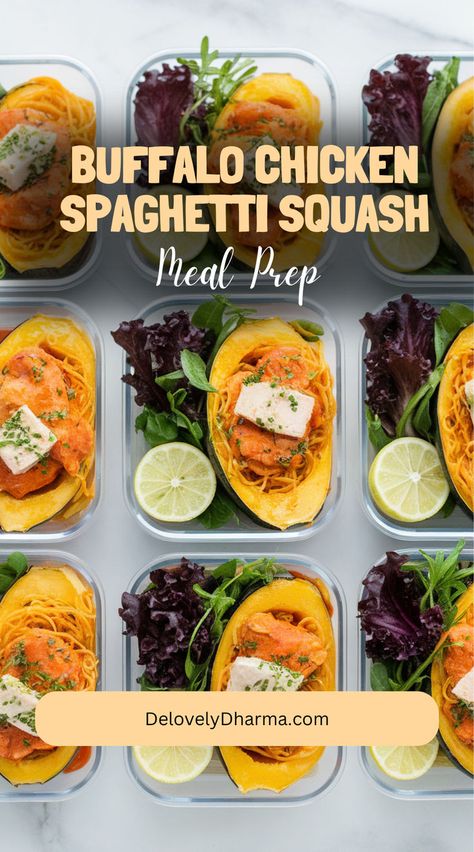 Meal prep ready buffalo chicken spaghetti squash portioned in containers for healthy weekly planning. Healthy Meal Prep Buffalo Chicken, Lean And Green Buffalo Chicken, Meal Prep Buffalo Chicken, Buffalo Chicken Spaghetti, Spaghetti Squash Boats, Buffalo Chicken Spaghetti Squash, Spaghetti Squash Boat, Squash Boats, Spaghetti Squash Recipe