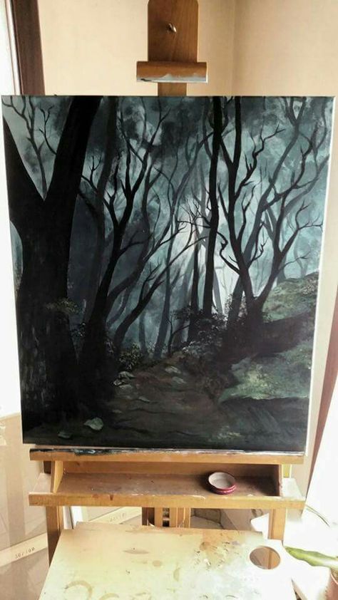 Spooky Woods Painting, Painting Ideas On Canvas Gothic, Gothic Art Painting Easy, Spooky Landscape Painting, Grunge Things To Paint, Spooky Forest Painting, Dark Academia Painting Ideas, Dark Painting Ideas On Canvas, Goth Painting Ideas On Canvas