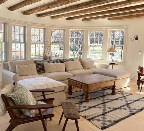 Wood Beams Living Room, Amanda Watters, Beams Living Room, Barn Table, Pine Floors, Furniture Market, Family Rooms, Wood Beams, Low Ceiling