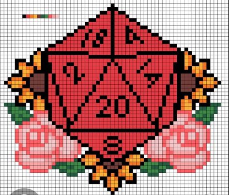 Dice Perler Bead Pattern, Dungeons And Dragons Pixel Art, Dnd Knitting Pattern, D20 Pixel Art, D20 Perler Bead Pattern, Dnd Cross Stitch Pattern, Dnd Perler Bead Patterns, Dnd Craft Ideas, Nerdy Pixel Art