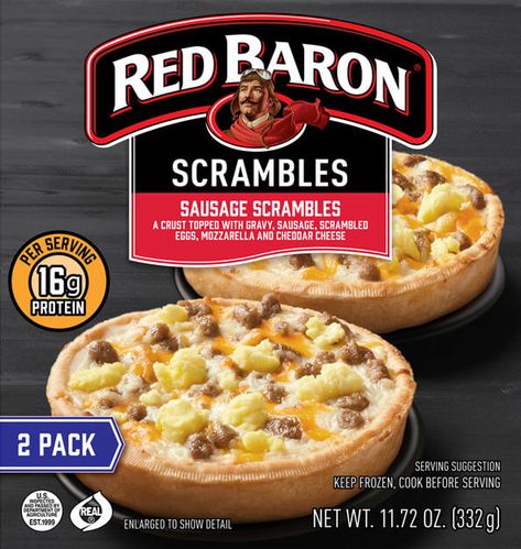 Red Baron Breakfast Pizza, Red Barron, Red Baron Pizza, Breakfast Scramble, Breakfast Pizza Recipe, Pizza Branding, Frozen Breakfast, Red Baron, Gourmet Cooking