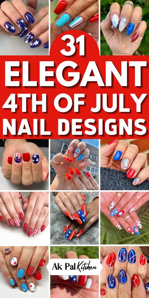 31 Elegant 4th of July Nail Designs - Ak Pal Kitchen 4th Of July Nail Designs, July Nail Designs, American Flag Nails, Firework Nail Art, Patriotic Nails Design, 4th Of July Nail, Firework Nails, Flag Nails, Festive Nail Designs