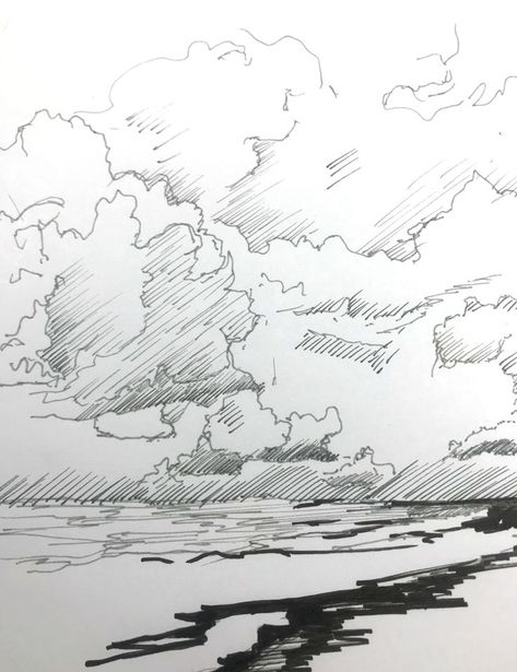 How to Draw Clouds with Pen – Improve Drawing Water Pen Drawing, How To Draw The Sky, Rain Clouds Drawing, Cloud Sketching, How To Draw Wind, How To Draw A Cloud, Cloud Sketch Pencil, Cloudy Sky Drawing, Sky Drawing Clouds