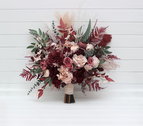 "The bouquet is made of flowers and leaves of high quality. Arch arrangement are here: https://www.etsy.com/listing/1611819480/burgundy-dusty-rose-blush-pink-arch?ref=listings_manager_grid All dimensions are total length or width. Size of the bridal bouquet : The width of the bouquet - 20\"( 50cm) The height of the bouquet - 23\" (58cm) The width of the bridesmaid bouquet- 10\" ( 25 cm) Thanks for visiting 😊" Rose Gold And Burgundy Wedding Flowers, Maroon And Pink Bouquet, Dusty Pink Burgundy Wedding, Burgundy Blush Pink And Sage Green Wedding, Dusty Red Wedding, Wedding Bouquets For Fall, Wine Colored Flowers, Maroon Flowers Bouquet, Burgundy And Rose Wedding