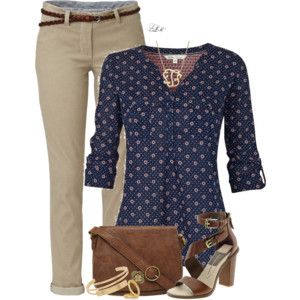 Pantalón camel, blusa azul marino a lunares y sandalias altas. Stitch Fix Outfits, Tan Pants, Traje Casual, Casual Office, Work Wardrobe, 가을 패션, Office Casual, Business Attire, Business Casual Outfits