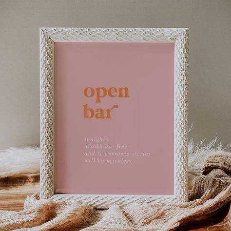 Let guests know the drinks are flowing with this pink and orange retro open bar sign. A must-have for your summer wedding. #OpenBarSign #RetroWedding #SummerWedding #BarDecor #WeddingSign Wedding Open Bar, Pink And Orange Wedding, Open Bar Sign, Personalized Wedding Decor, Color Palette Pink, Orange Wedding, Retro Wedding, Colorful Wedding, Open Bar