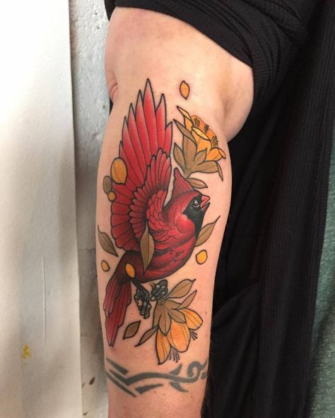 Neotraditional cardinal tattoo on the forearm. Tattoo Artist: Mitchell Allenden Neo Traditional Cardinal, Traditional Cardinal Tattoo, Traditional Swallow, Neo Japanese, Cardinal Tattoo, Cardinal Tattoos, Patriotic Tattoos, Crazy Tattoos, Swallow Tattoo