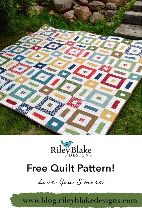 Love You S’more – Steps to Tranquility Quilt + Free Pattern by Melissa Corry! Shop this fun camping themed fabric by Gracey Larson for Riley Blake Designs now! Jelly Roll Quilt Patterns Free, Riley Blake Quilt Patterns, Quilt Free Pattern, Riley Blake Quilt, Camping Quilt, Quilting Math, Charity Quilts, Jelly Roll Quilt Patterns, Quick Quilt