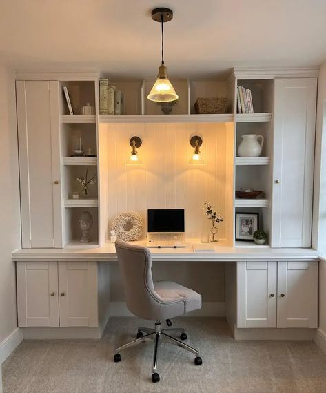 Office Alcove, Office Playroom Combo, Cosy Study, Study Room Interior, White Office Ideas, Built In Desk And Shelves, Home Office Built Ins, Office Built Ins, Minimalist Home Office