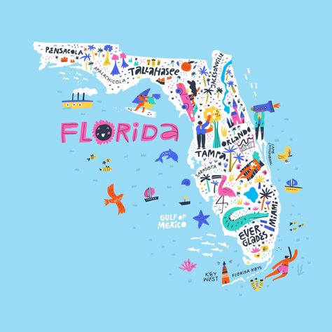 Florida Wallpaper, Florida Vacation Spots, Beach Cartoon, Handwritten Lettering, City Names, Honeymoon Island, American City, Florida Sunshine, Hand Drawn Map