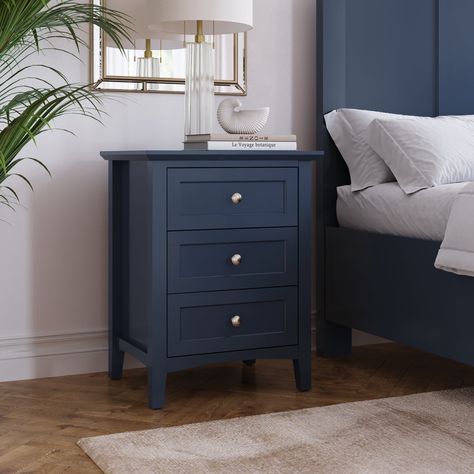 Starting with classic shaker-style drawer fronts, this timeless bedroom collection adds crisp lines and an all-new raven black finish to create a look that blends seamlessly with modern, farmhouse and transitional decor. Gently tapered legs bevelled floating tops and smooth black knobs complete the look. Blue Elephant Colour: Blue Navy Bedroom Furniture, Blue Nightstand, Blue Bedside Tables, Country Bedrooms, Blue Nightstands, Timeless Bedroom, Black Knobs, Nightstand Wood, 3 Drawer Bedside Table