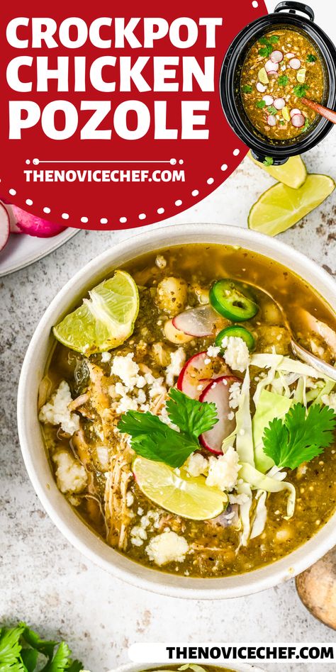 This crockpot chicken pozole saves you from endlessly standing over the stove and still gives you a rich, spicy broth. With shredded chicken, chiles, and hominy, each bowl is pure perfection. Don't forget the toppings, they're what take this pre-hispanic soup to another level. Chicken Posole Crockpot, Chicken Posole Recipe Crock Pots, Crockpot Chicken Posole, Crockpot Posole Chicken, Crock Pot Posole Chicken, Chicken Pozole Recipe Crockpot, Posole Recipe Chicken Crock Pot, Chicken Posole Soup, Pazole Crock Pot