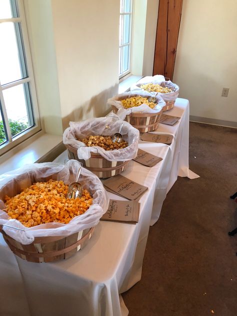 Snack Area Wedding, Table Snacks For Wedding, Popcorn Late Night Snack Wedding, Rustic Popcorn Bar, Wedding Snack Bar Ideas Simple, Wedding Reception Snack Table, Popcorn Station Party, Snack Bar Wedding Receptions, Snack Station Wedding