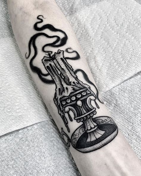 Angelo Parente on Instagram: “Healed Melting Candle 🕯 #blackcaskettattoo . . . #blackwork #inkedmag #dotworker #dotworktattoo #tattoosnob #btattooing #tttpublishing…” Creepy Candle Tattoo, Melting Candle Tattoo, Jupiter Tattoo, Candle Tattoo Design, E.t Tattoo, Melting Candle, Gotik Tattoo, Lamp Tattoo, Candle Tattoo