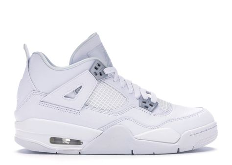 Women's Jordan 4 Retro Pure Money 2017 Sneakers in White/Metallic Silver/Pure Platinum Jordan 4 Retro Pure Money, Girls Wearing Jordans, Jordan 4 Pure Money, Shoe List, Nike Air Max 2017, Jordan 4 White, Sneaker Posters, Kids Sports Shoes, Sneakers Jordans