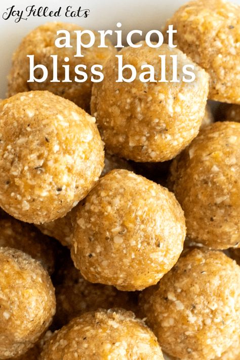 Apricot Bliss Balls are the perfect 10-minute treat. You don't even have to turn on your oven to make them! If you're needing a quick and healthy snack that you can just grab and go, this is it! Use up your apricots in a new and delicious way. Apricot Bliss Balls, Apricot Bliss Balls Healthy, Apricot Coconut Balls, Apricot Balls, Nutty Date And Apricot Energy Bites, Fruit Balls, Coconut Bliss Balls, Thm Meals, Thm Snacks