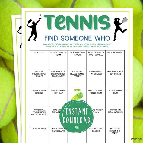 Tennis Find Someone Who Game | Printable Tennis Themed Party Games | Games for Adults & Kids | Tennis Team Building Games | Icebreaker Bingo Tennis Work Week Theme, Tennis Party Ideas, Tennis Hens Party, Tennis Themed Party, Tennis Themed Party Games, Table Tennis Rules, Table Tennis Tournament, Table Tennis Game, Tennis Birthday