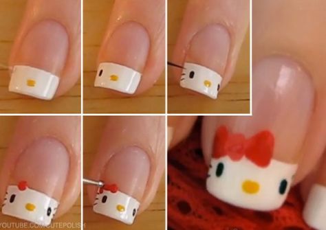 Step by step if hello kitty Hello Kitty Nail Art, Kitty Nail Art, Hello Kitty Nail, Hello Kitty Nails Art, Nail Diamond, Kitty Nail, Kitty Nails, Nails Tutorial, Hello Kitty Nails