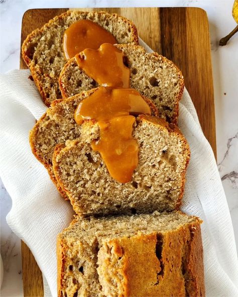 Pear Loaf Cake, Pear Loaf, Caramel Pears, Baked Dessert, Loaf Cake Recipes, Caramel Bits, Caramel Drizzle, Salted Caramel Sauce, Loaf Cake